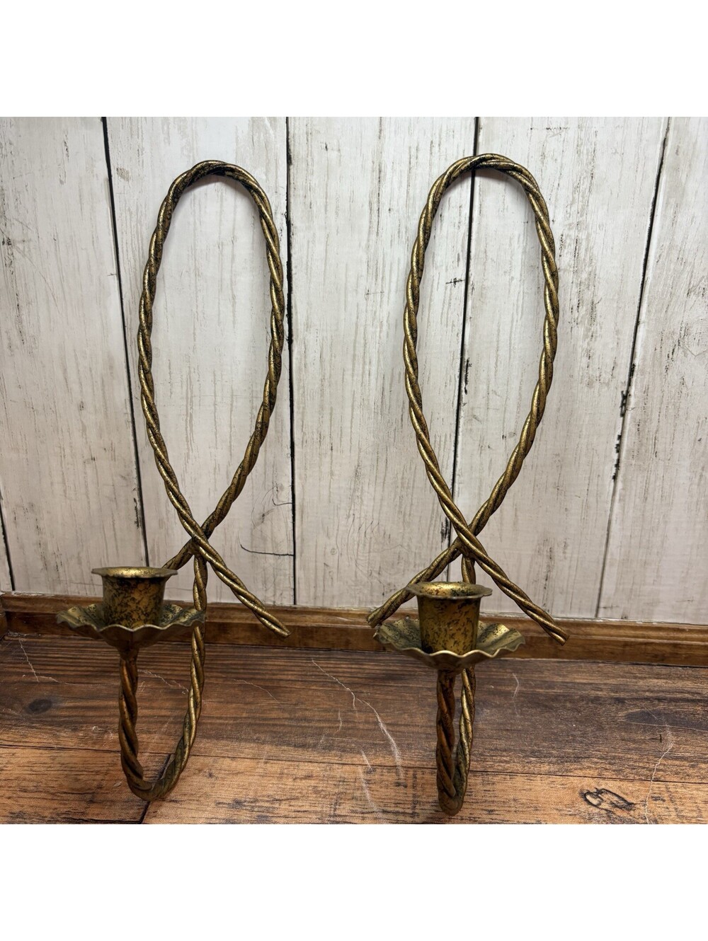 VTG 80s Set of 2 Home Interiors Gold Tone Braided Taper Candle Wall Sconces